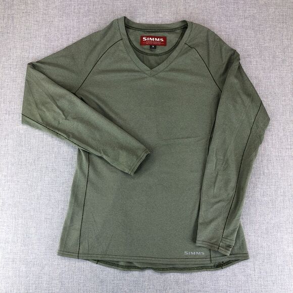 Simms Shirt Long Sleeve V‎ Neck Women's Small Green Mini Stripe Performance Fish - Picture 2 of 12